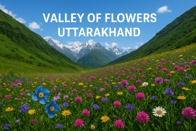 Valley of Flowers Uttarakhand trekking trail with blooming alpine flowers and snow-capped Himalayan peaks