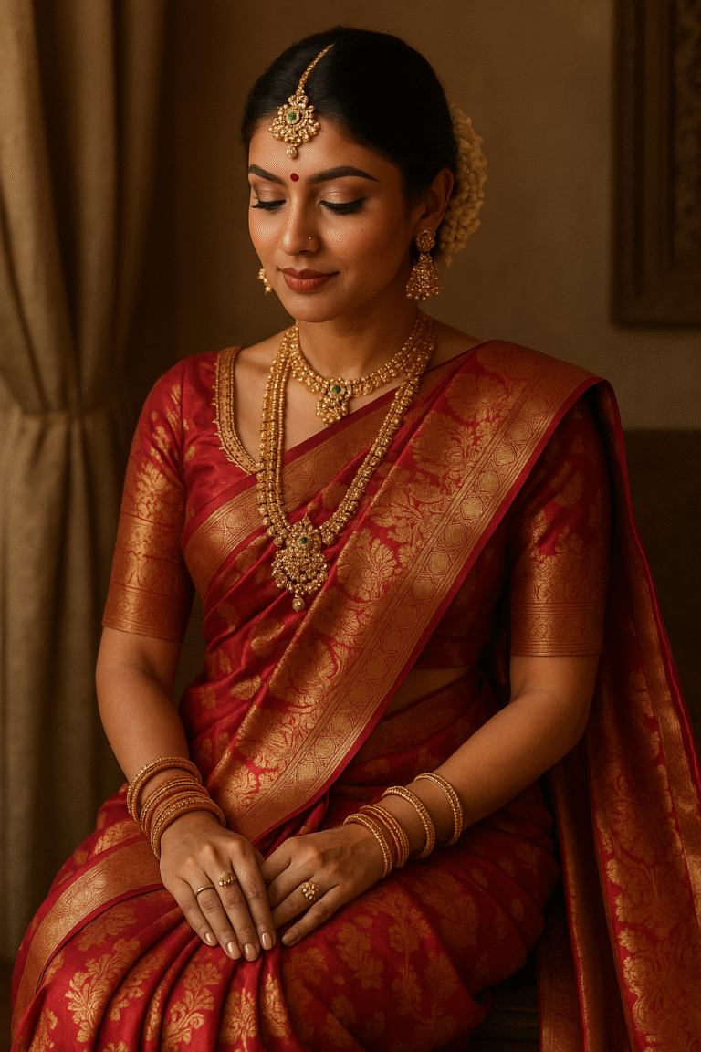 Bridal saree styling like a celebrity bride with luxurious silk saree, jewelry, and elegant draping.