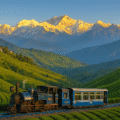 Darjeeling Travel Guide – View of Kanchenjunga mountain, toy train, and lush tea gardens in one scenic frame.