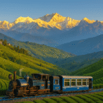 Darjeeling Travel Guide – View of Kanchenjunga mountain, toy train, and lush tea gardens in one scenic frame.