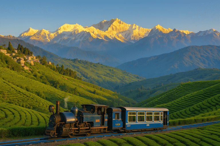 Darjeeling Travel Guide – View of Kanchenjunga mountain, toy train, and lush tea gardens in one scenic frame.