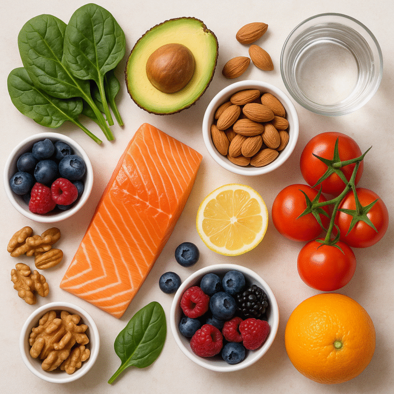 Foods that improve skin health – salmon, avocado, berries, nuts, leafy greens, citrus, and tomatoes for glowing skin