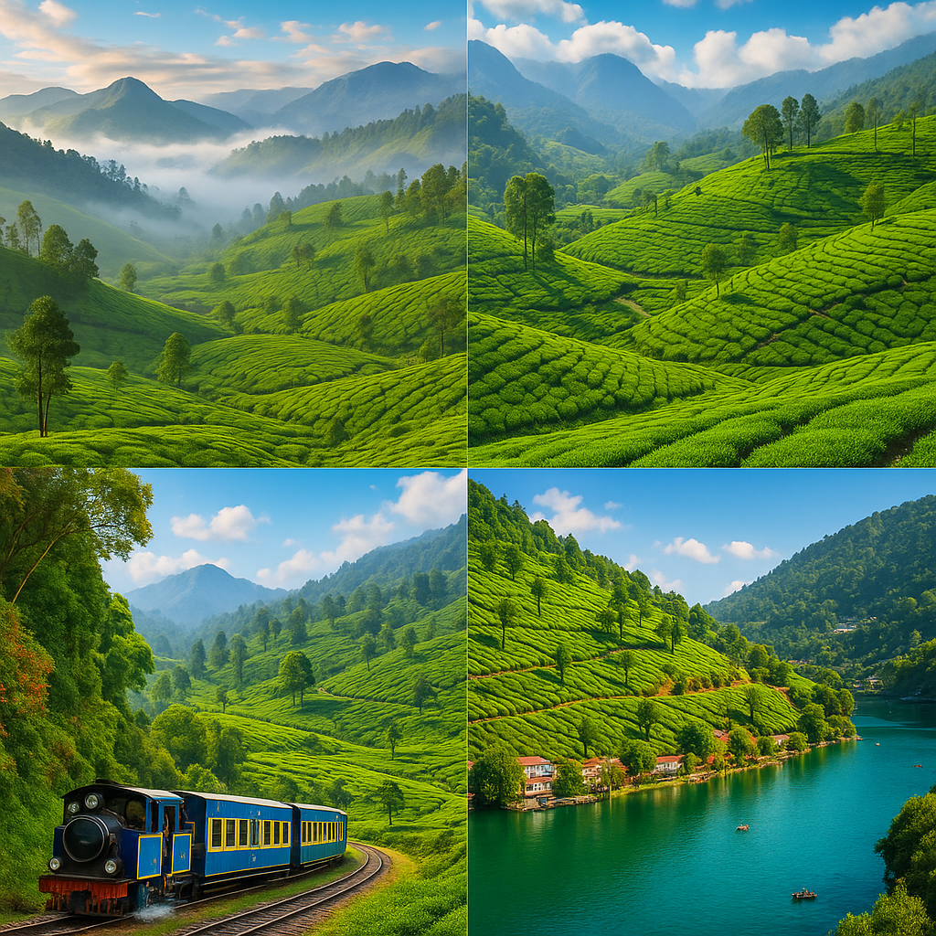 Lush green Himalayan mountains covered with monsoon rain clouds and mist during rainy season