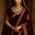 “Bride in maroon velvet bridal saree with gold jewelry set, necklace, maang tikka, earrings, and bangles”