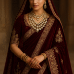 “Bride in maroon velvet bridal saree with gold jewelry set, necklace, maang tikka, earrings, and bangles”
