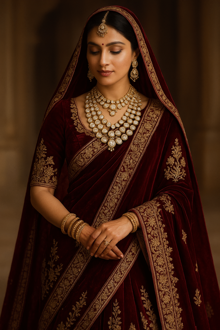 “Bride in maroon velvet bridal saree with gold jewelry set, necklace, maang tikka, earrings, and bangles”