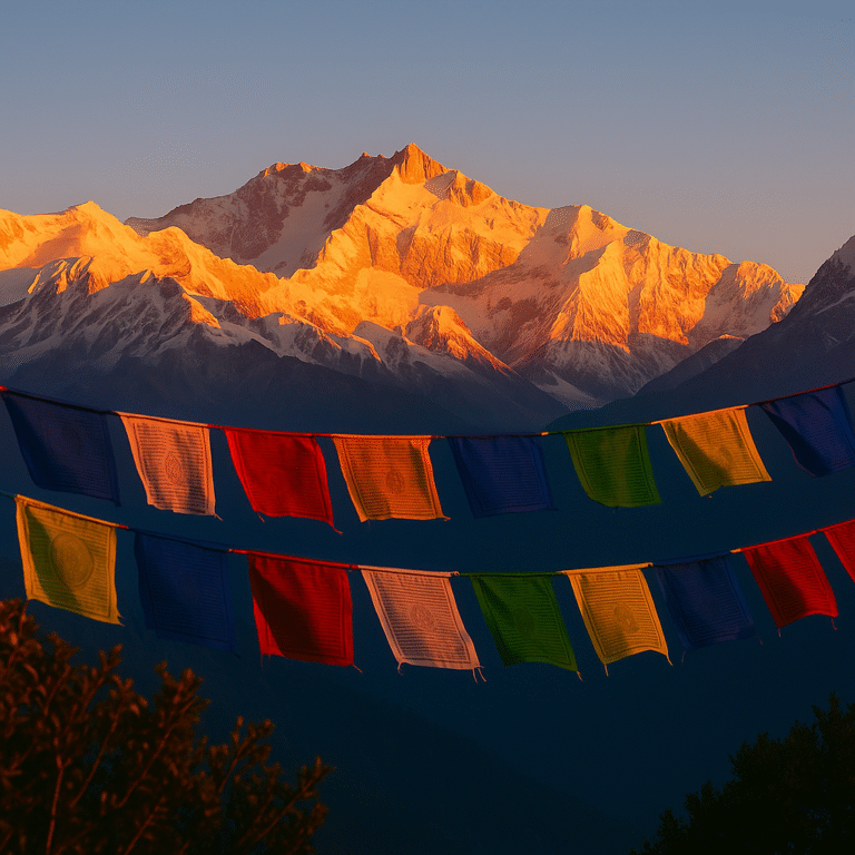Kanchenjunga mountain sunrise with prayer flags in Sikkim travel guide