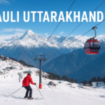 Scenic view of Auli Uttarakhand mountains with red train and snowy slopes