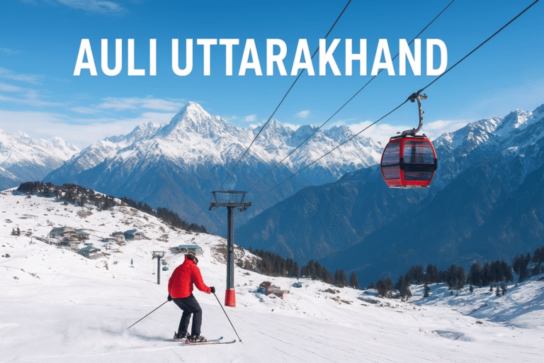 Scenic view of Auli Uttarakhand mountains with red train and snowy slopes
