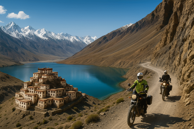 “Spiti Valley travel guide collage featuring Key Monastery, Chandratal Lake, Himalayan mountains, and road trip adventure in Himachal Pradesh India”