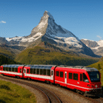 Red Swiss train Glacier Express passing through the Swiss Alps with Matterhorn mountain in the background