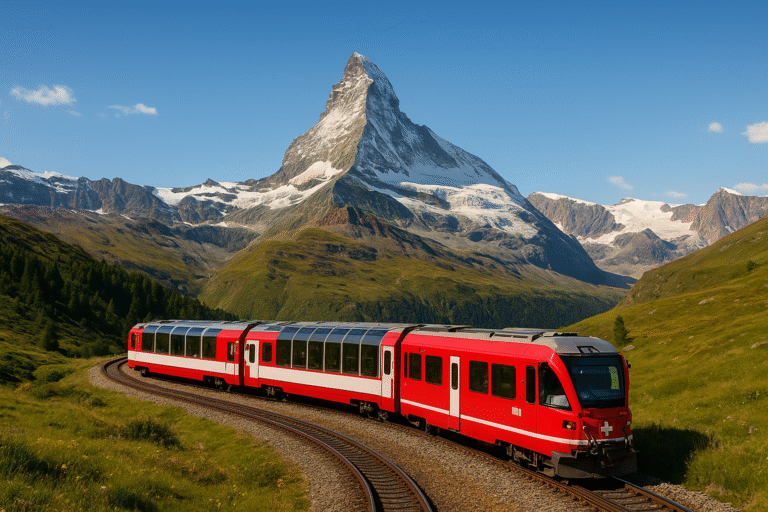 Red Swiss train Glacier Express passing through the Swiss Alps with Matterhorn mountain in the background