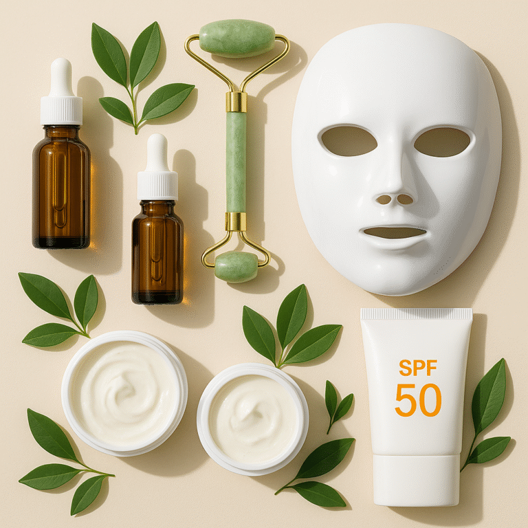 Top Skincare Trends 2025 with LED face mask, SPF 50 sunscreen, jade roller, and serum for healthy glowing skin.
