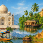 Tourist destinations in India – Kashmir, Goa, Kerala, Rajasthan collage