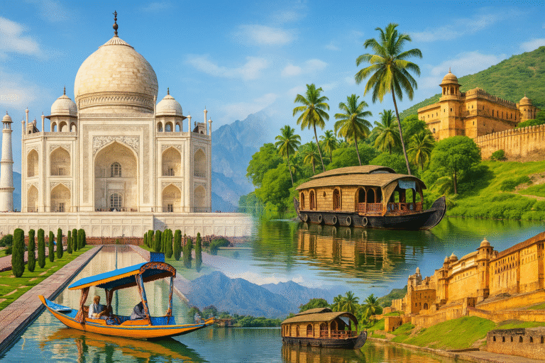 Tourist destinations in India – Kashmir, Goa, Kerala, Rajasthan collage