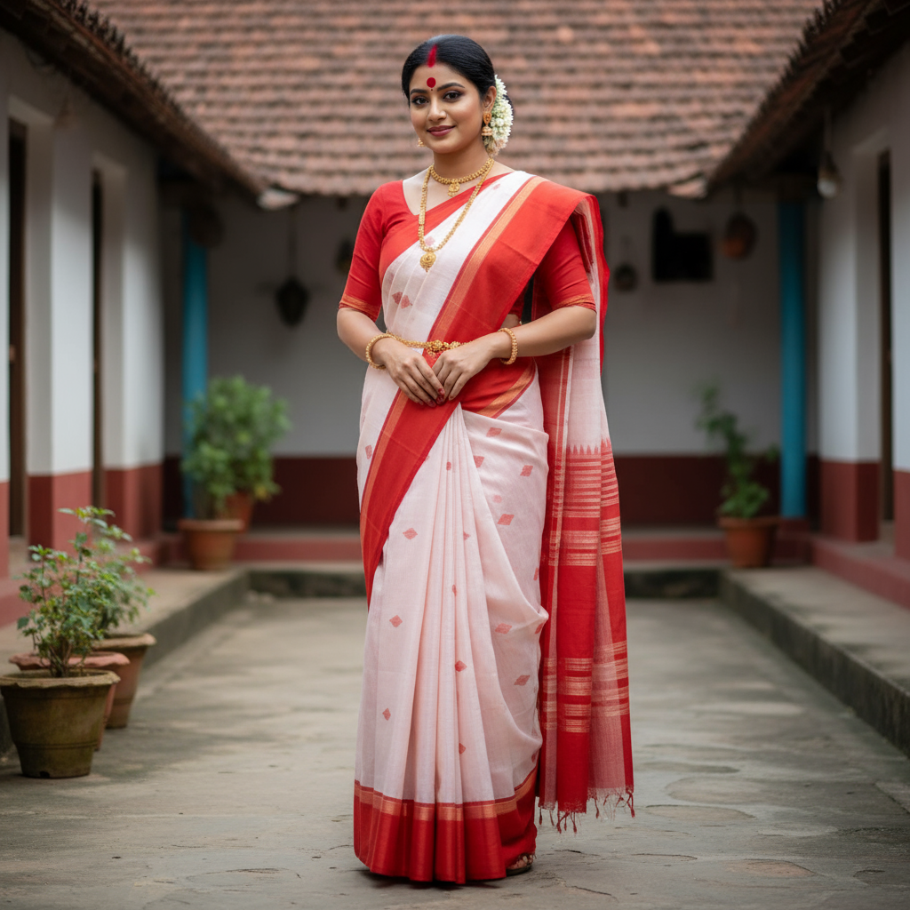 Bengali style saree draping with laal paar shada saree and big red bindi”