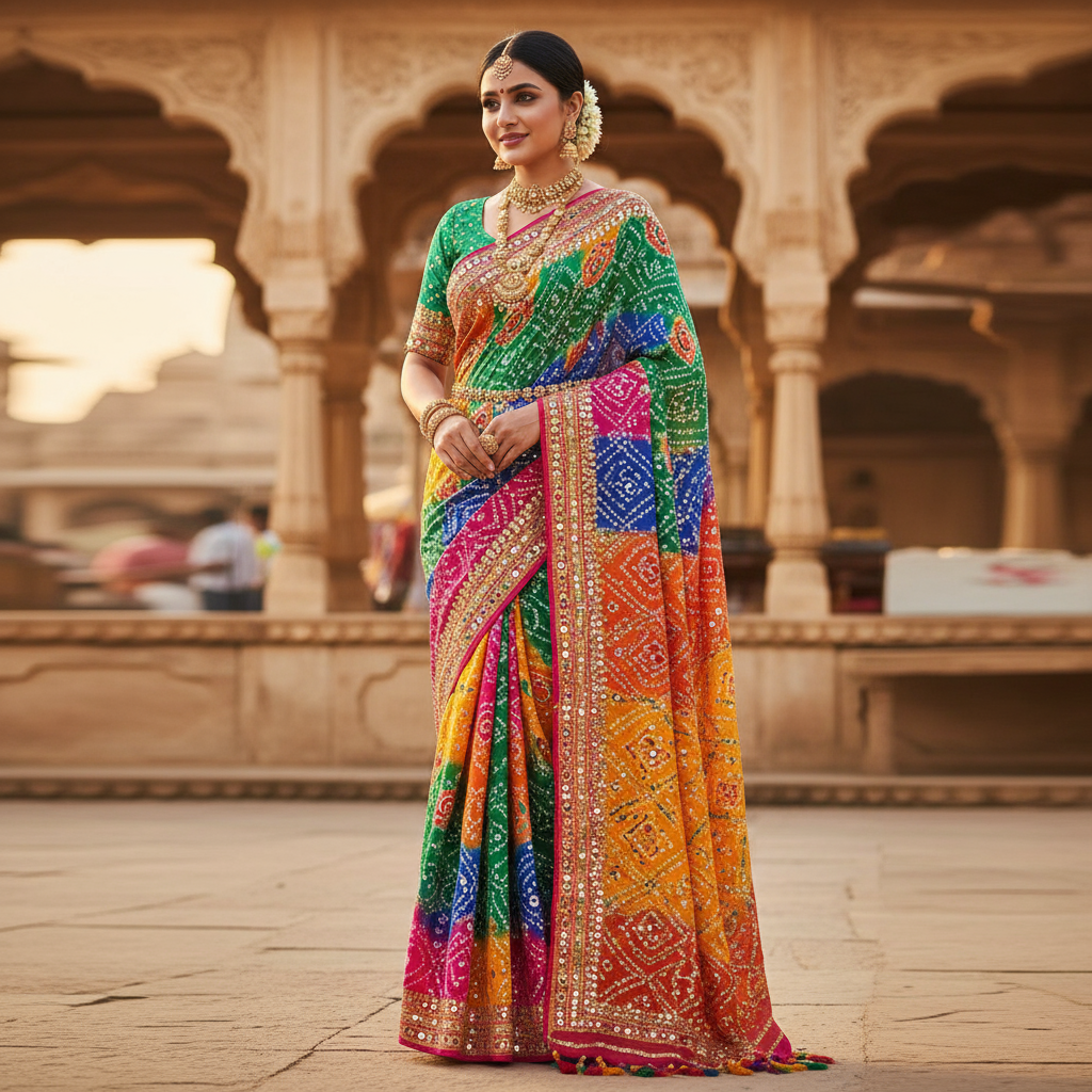 Gujarati seedha pallu saree draping style with bandhani saree