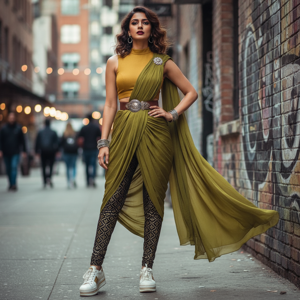 Indo-Western saree draping style with belt and modern blouse