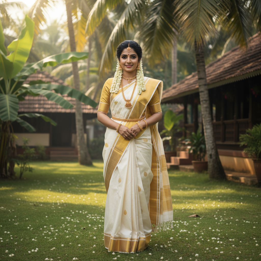 Kerala kasavu saree draping style for Onam and traditional celebrations