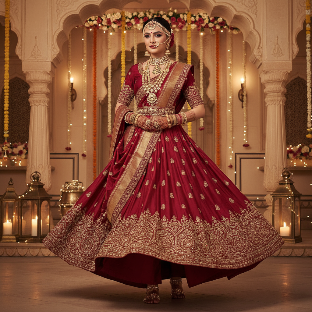 Lehenga style saree draping for weddings and receptions