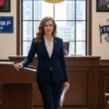 Lindsey Halligan standing confidently in a courtroom, with Trump administration seals and flags subtly displayed behind her