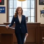 Lindsey Halligan standing confidently in a courtroom, with Trump administration seals and flags subtly displayed behind her