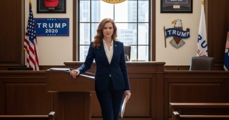 Lindsey Halligan standing confidently in a courtroom, with Trump administration seals and flags subtly displayed behind her