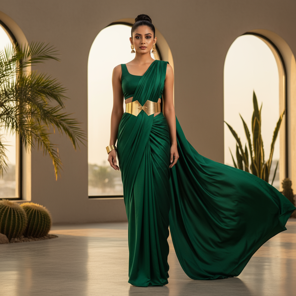 Modern belt style saree draping with satin saree and fashion belt