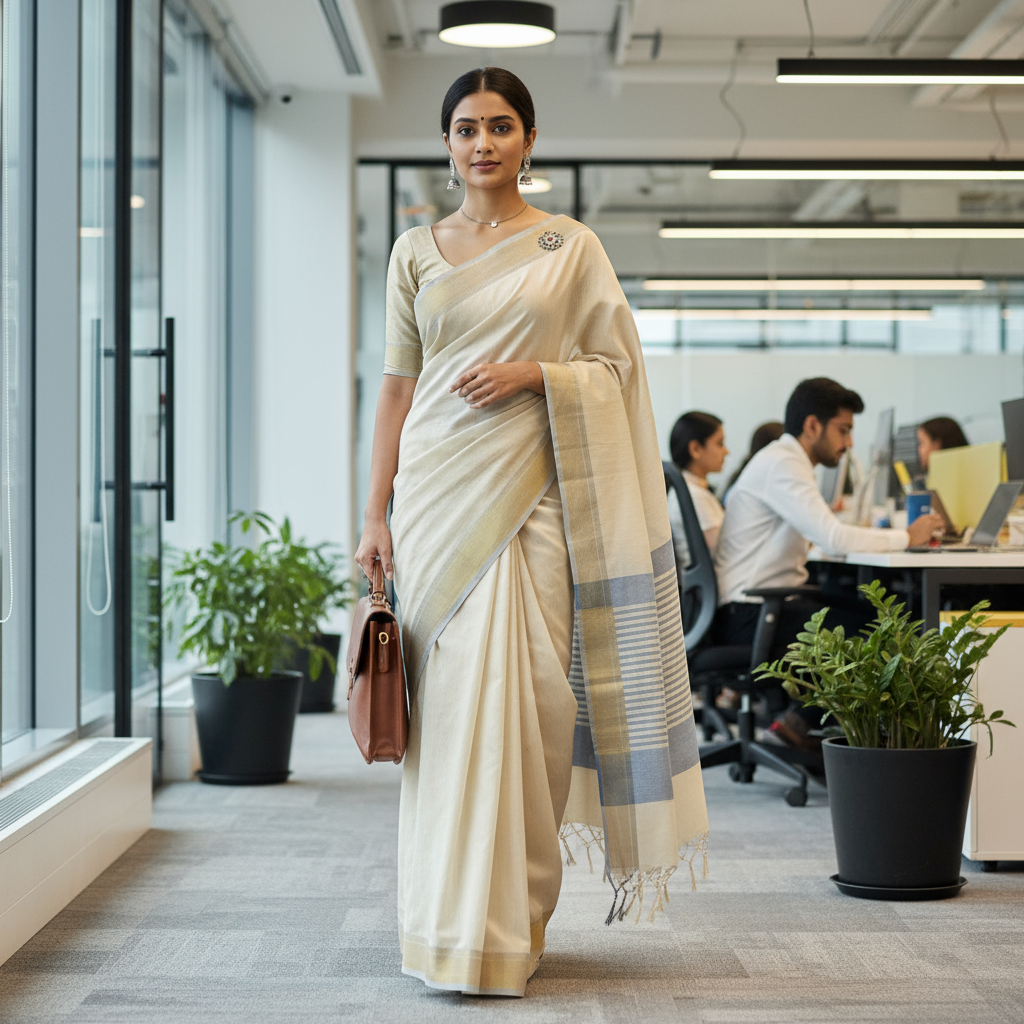 Office-style saree draping with cotton saree for professional look