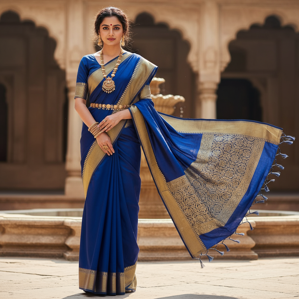 “Traditional Nivi style saree draping with silk saree and gold jewelry”.