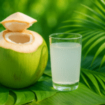 Glass of coconut water with fresh green coconut for natural skin hydration and acne prevention