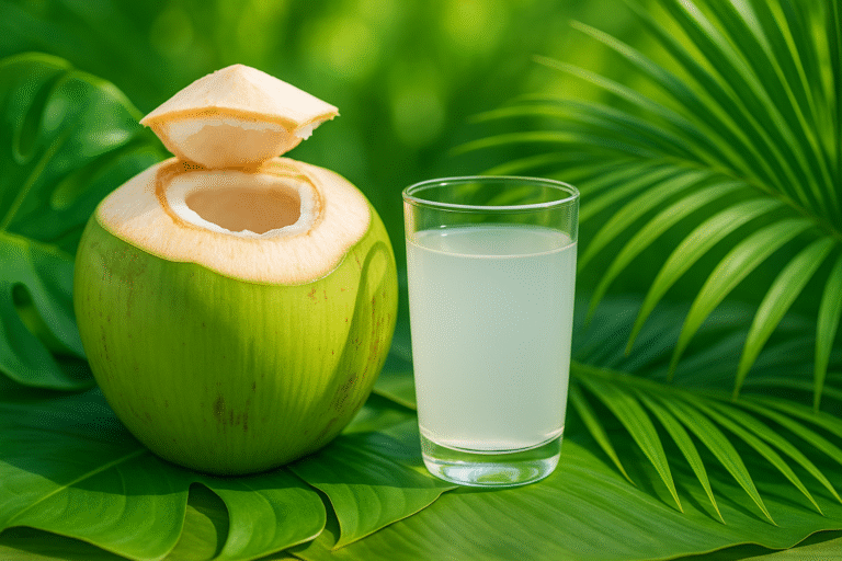 Glass of coconut water with fresh green coconut for natural skin hydration and acne prevention