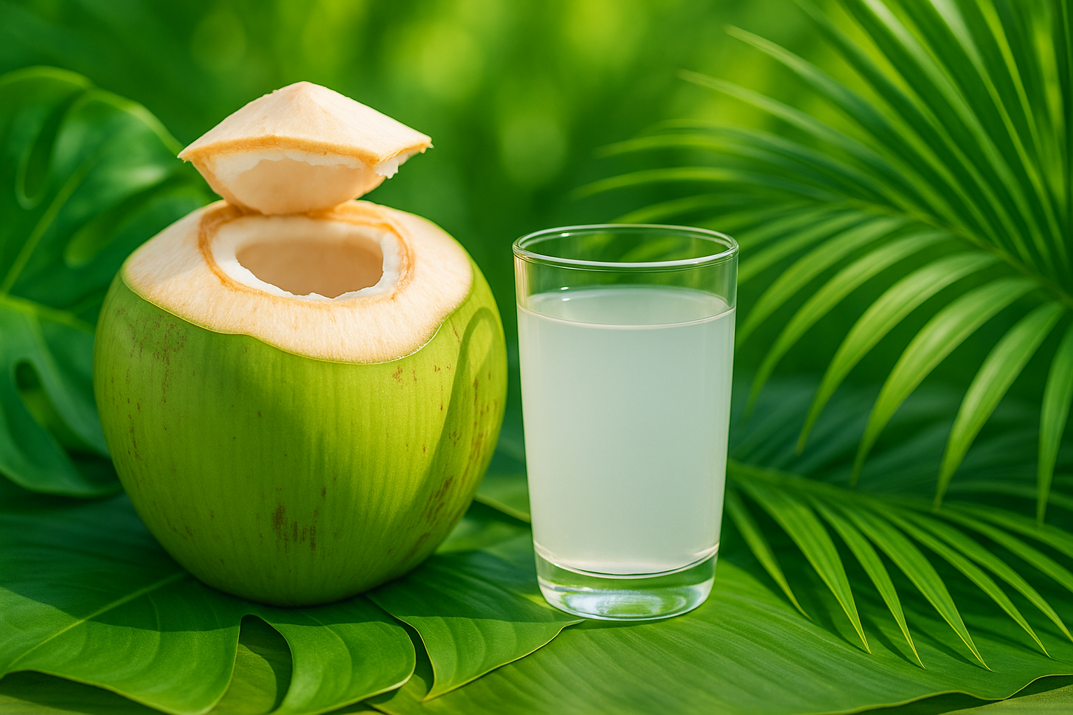 Glass of coconut water with fresh green coconut for natural skin hydration and acne prevention