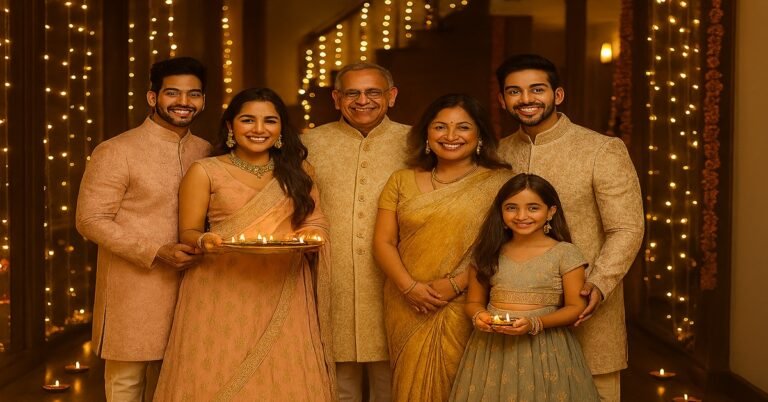 Diwali Fashion Guide 2025 – Family wearing festive outfits including sarees, lehengas, and sherwanis for festival outfit planning
