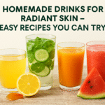 Assorted homemade skin drinks with fresh ingredients for radiant skin care