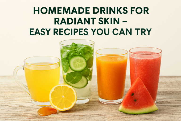 Assorted homemade skin drinks with fresh ingredients for radiant skin care