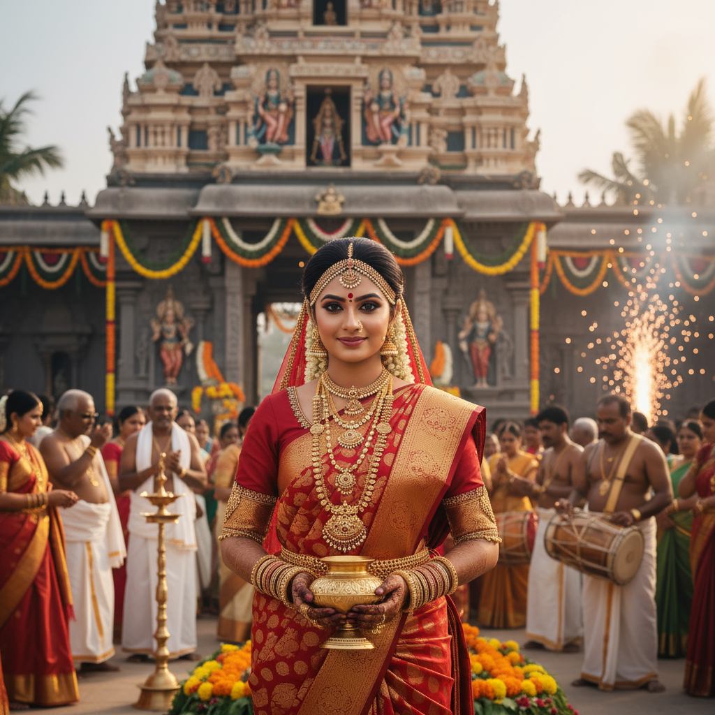 "South Indian bride wearing rich red and gold Kanjivaram saree with temple jewelry in front of a traditional temple"