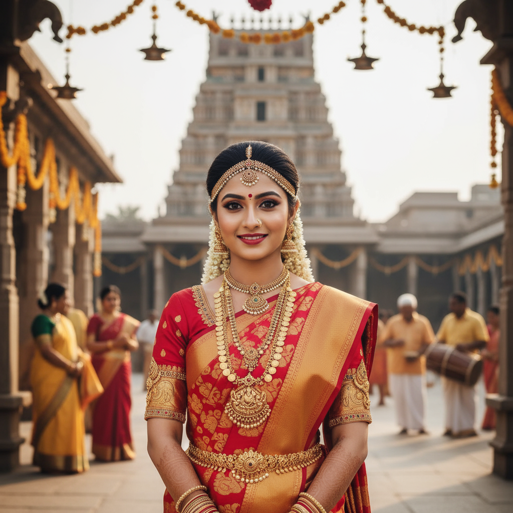 South Indian bride wearing rich red and gold Kanjivaram saree with temple jewelry in front of a traditional temple