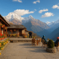 Sunrise view of Ghandruk Nepal village with Annapurna mountains in the background