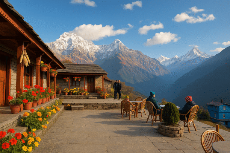 Sunrise view of Ghandruk Nepal village with Annapurna mountains in the background