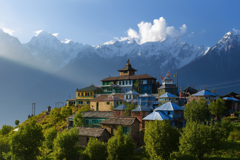 Kalpa Himachal Pradesh Travel Guide – Sunrise view of Kinnaur Kailash with apple orchards