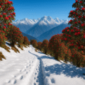 Snow-covered trekking trail with blooming red rhododendron trees and Himalayan mountains in the background at Kedarkantha in Uttarakhand