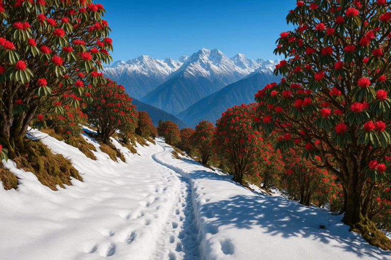 Snow-covered trekking trail with blooming red rhododendron trees and Himalayan mountains in the background at Kedarkantha in Uttarakhand