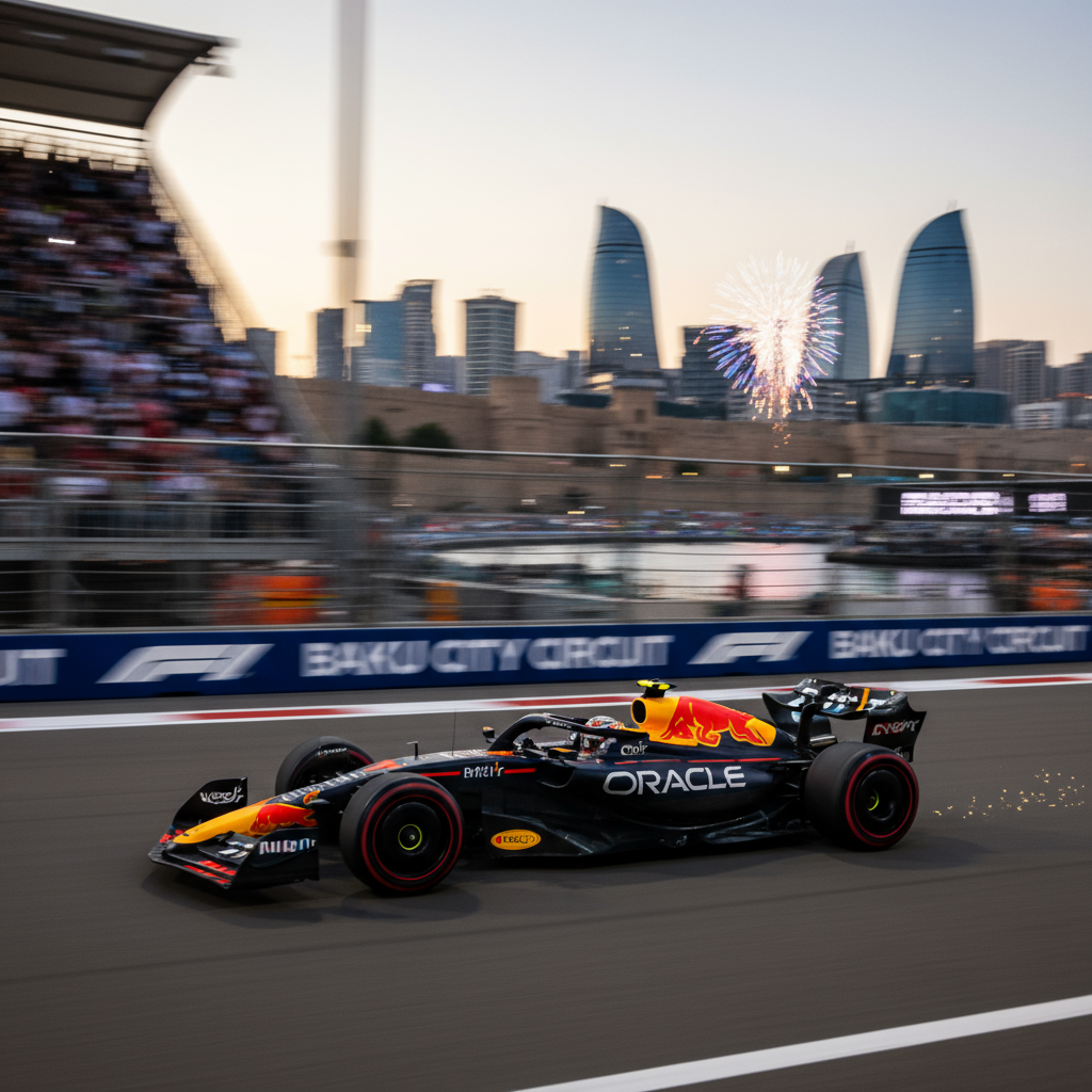 Max Verstappen leading the Formula 1 race on Baku City Circuit with city skyline in background