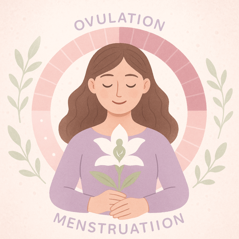 Illustration of menstrual health and fertility connection with woman, flower, and cycle calendar