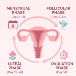 "Infographic explaining menstruation and menstrual cycle phases including menstrual phase, follicular phase, ovulation phase, and luteal phase with uterus illustration."