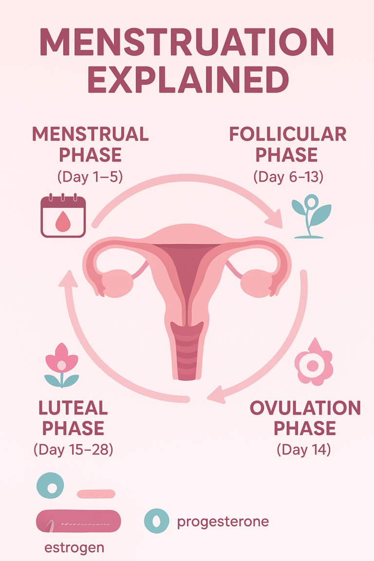 "Infographic explaining menstruation and menstrual cycle phases including menstrual phase, follicular phase, ovulation phase, and luteal phase with uterus illustration."