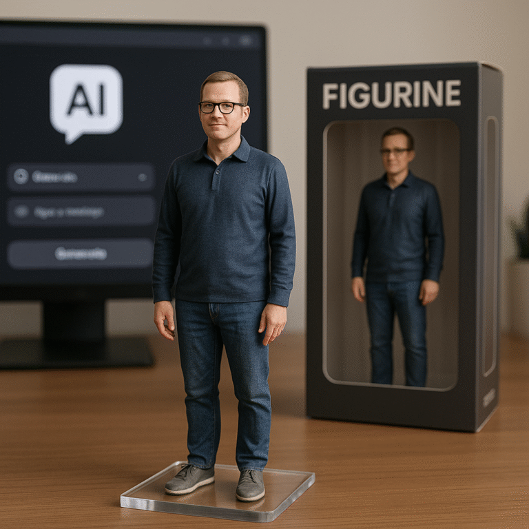 “Realistic Nano Banana 3D figurine placed on a desk with packaging box and computer screen in the background.”