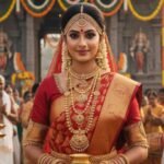 South Indian bride wearing rich red and gold Kanjivaram saree with temple jewelry in front of a traditional temple