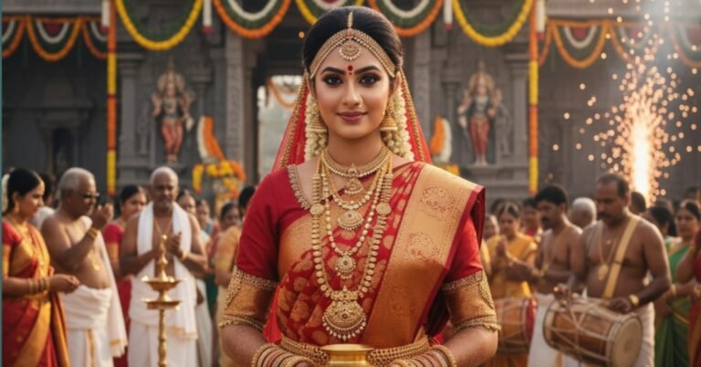 South Indian bride wearing rich red and gold Kanjivaram saree with temple jewelry in front of a traditional temple